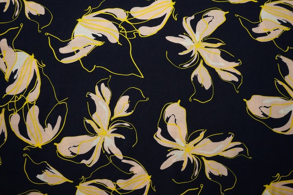 Tkanina wiskozowa - żółte kwiaty na granatowym tle