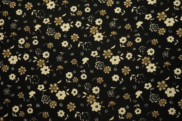 Tkanina sukienkowa - beżowe kwiaty, czarne tło