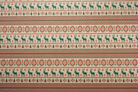 Tkanina świąteczna - zielone renifery na beżowym tle