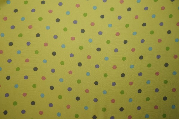 Tkanina wiskozowa - kolorowe kropki na żółtym tle