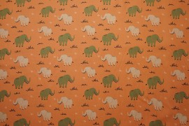 Bawełna perkal - kolorowe słonie na pomarańczowym tle
