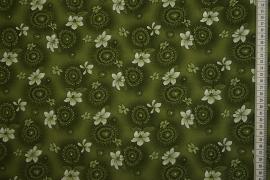 Tkanina sukienkowa - kwiaty na tle w kolorze zgniłej zieleni