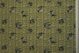 Tkanina sukienkowa - szare kwiaty na oliwkowym tle