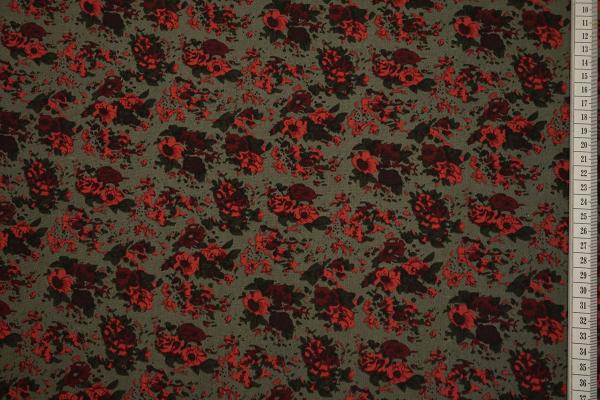 Tkanina sukienkowa - czerwone kwiaty, oliwkowe tło