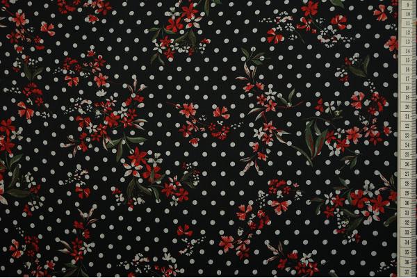 Tkanina szyfonowa w białe kropki i czerwone kwiaty
