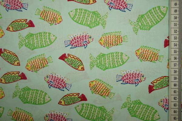 Bawełna drukowana w kolorze seledynowym w rybki
