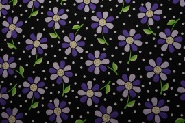 Bawełna - fioletowe kwiatki na czarnym tle