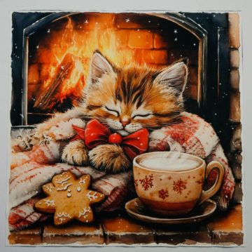 Panel poduszkowy - świąteczny kotek przy kominku