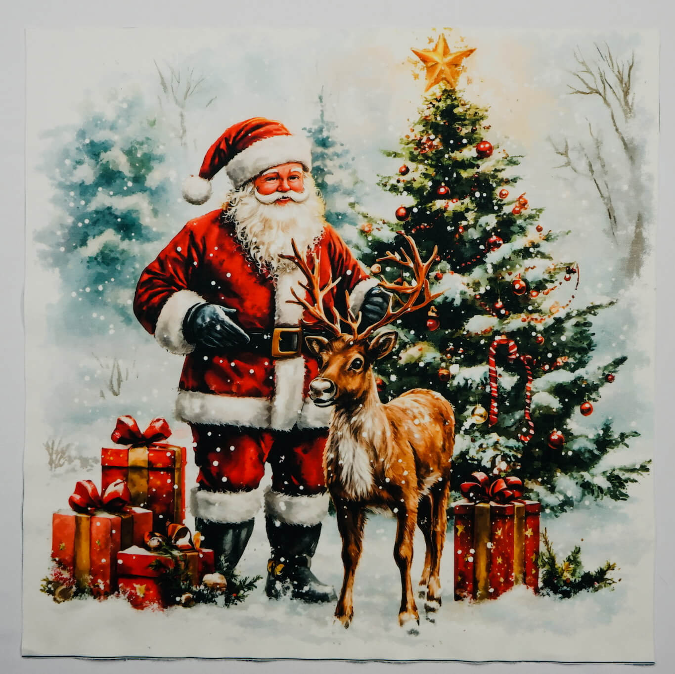 Panel poduszkowy - Święty Mikołaj i renifer przy choince