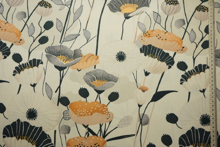 Stylizowana tkanina dekoracyjna beżowo-musztardowa w kwiaty retro