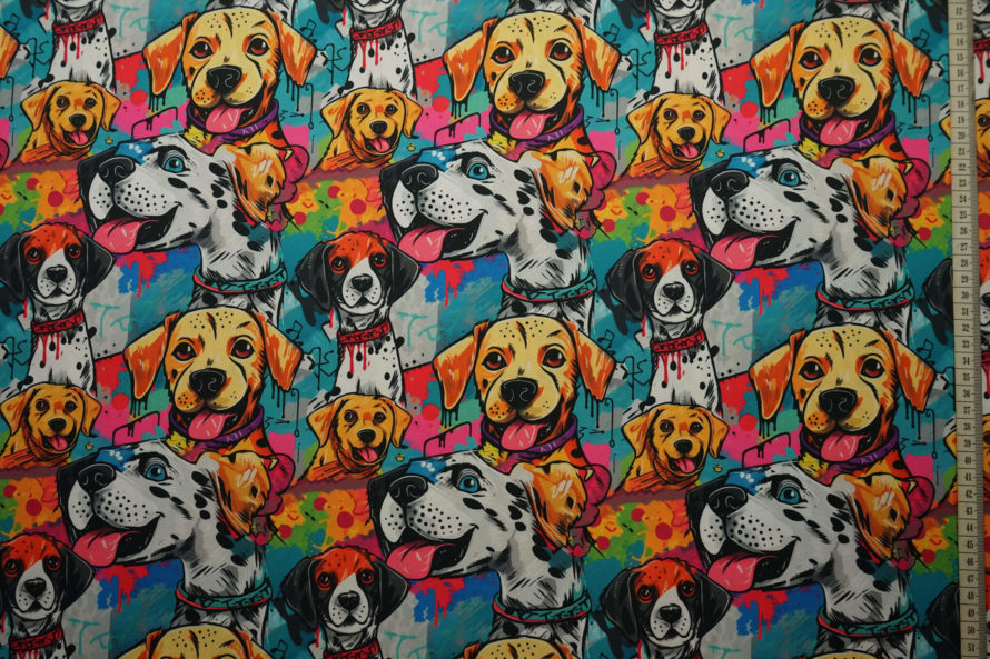 Tkanina wodoodporna z motywem kolorowych psów na tle graffiti