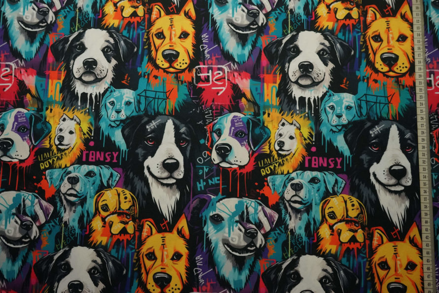Tkanina wodoodporna w stylu graffiti z psami na czarnym tle